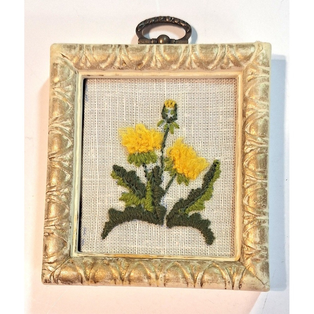 Vintage Miniature Needlepoint Yellow Flower Dandelion Ornate Gold Cream Frame